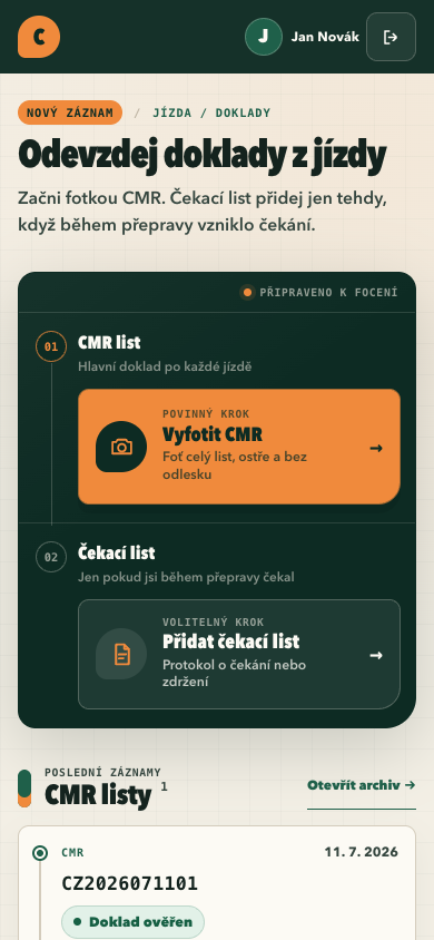 Mobilní expediční deník řidiče Cereus s tlačítkem Vyfotit CMR a volitelným čekacím listem.