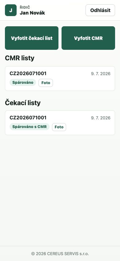 Mobilní web řidiče Cereus se dvěma tlačítky pro vyfocení čekacího listu a CMR a se seznamem jeho spárovaných dokladů.