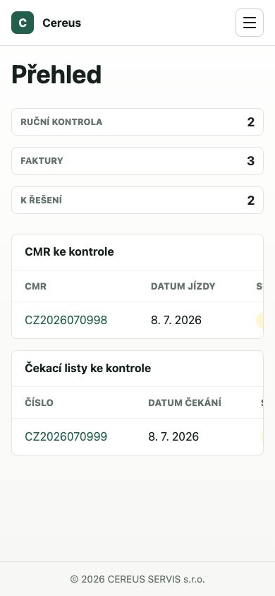Mobilní zobrazení administrace majitele Cereus s přehledem počtu faktur, dokladů k řešení a tabulkami CMR a čekacích listů určených k ruční kontrole.